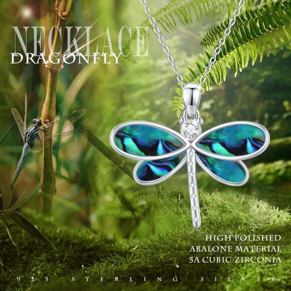 Sterling Silver Opal Abalone Shell Dragonfly Necklace 20x30mm - Picture 3 of 7